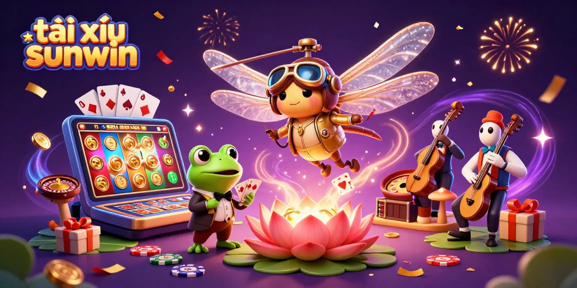 Experience the excitement of tài xỉu sunwin with a lively 3D illustration showcasing casino action and vibrant characters.
