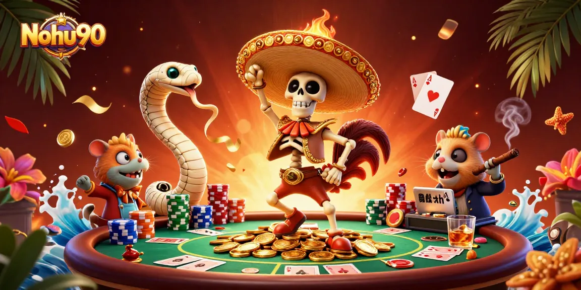 Nohu90 brings the excitement of jackpot victories with vibrant casino characters celebrating on golden coins.