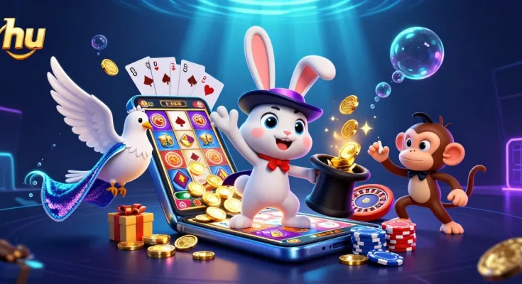 Experience the thrilling world of hu with a magician rabbit, a dove, and a monkey in a vibrant casino scene.