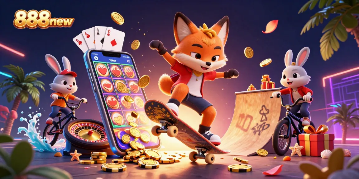 Experience thrilling wins with 888new's vibrant casino-themed illustration showcasing characters and game elements.
