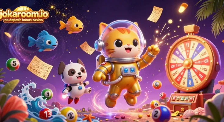 Experience the fun of jokaroom.io no deposit bonus casino with a vibrant cosmic scene filled with gaming elements.