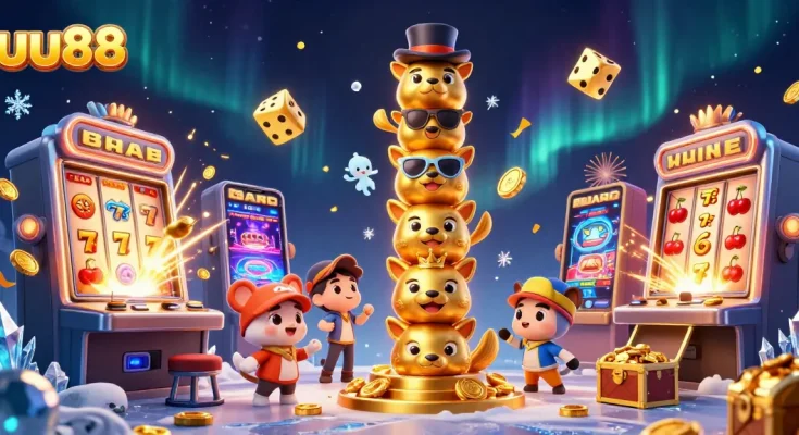 uu88 players enjoy a lively scene filled with dynamic slot machines, golden coins, and entertaining casino elements.
