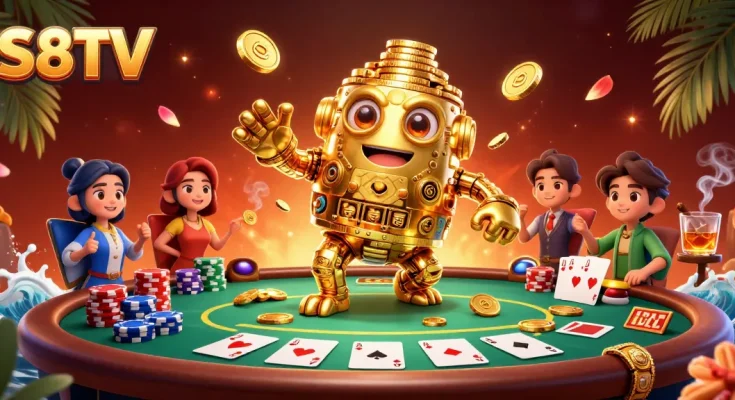 Experience high-stakes betting with S8TV in an immersive poker scene featuring vibrant 3D characters.