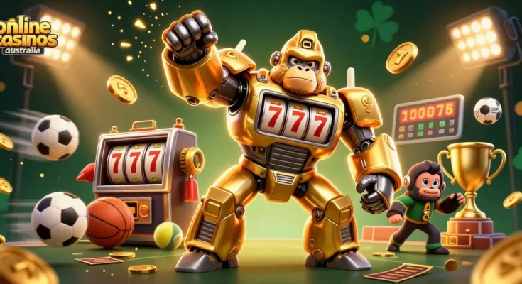 Experience excitement at online casinos australia with a golden gorilla mech, coins, and dynamic sports elements.