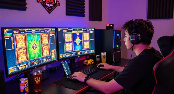 Player engaged in slot gacor gameplay with vibrant graphics and gaming gear.