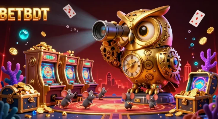 Experience the excitement of BETBDT's vibrant casino with a golden owl and lively game elements.