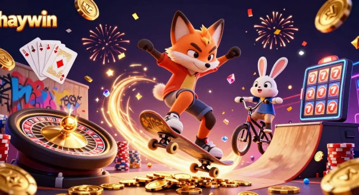 Experience thrilling gaming with haywin as fox and rabbit perform daring tricks in a vibrant casino atmosphere.