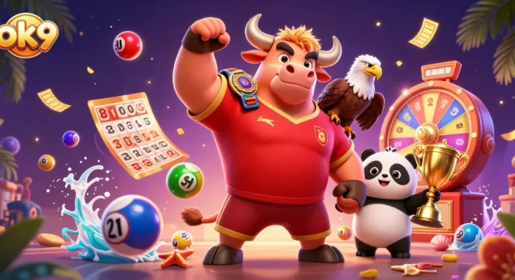 ok9 sports betting promotion with a cartoon bull, eagle, and panda surrounded by colorful game elements
