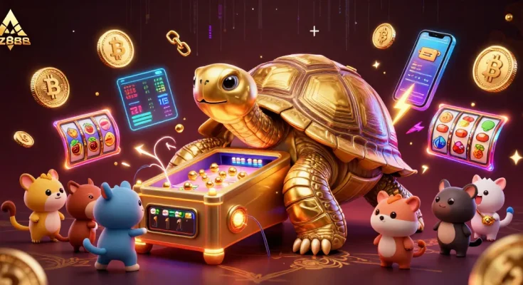 Engage with AZ888's vibrant casino art featuring a golden tortoise pinball machine surrounded by crypto coins.