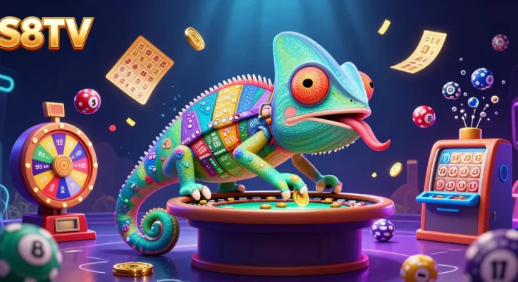 Engage in thrilling gambling experiences with S8TV and a dynamic casino scene featuring a colorful chameleon!