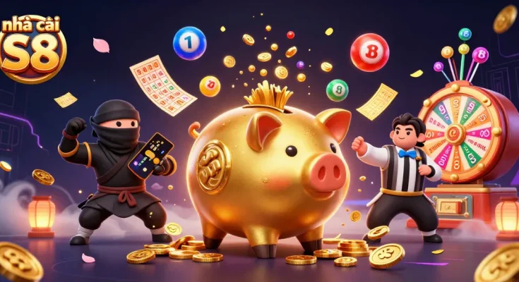 Play exciting games at nhà cái S8, featuring a dynamic scene with colorful lottery elements.