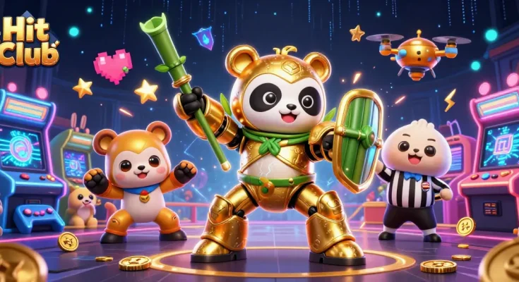 Experience the excitement of Hit Club's vibrant arena with gaming robots and colorful machines.
