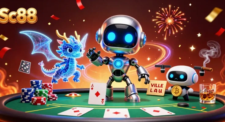Experience thrilling games with Sc88, featuring a vibrant cyberpunk robot and poker elements in a dynamic casino scene.