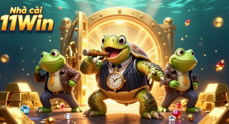 Engage with Nhà cái 11Win as a huge turtle mobster, flanked by frog enforcers amidst a treasure scene.