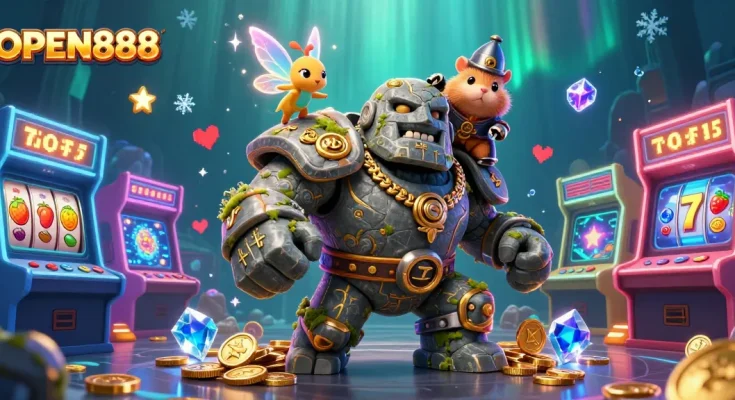 Engage in exciting gameplay at OPEN888 with a 3D illustration of a golem guardian and charming companions.